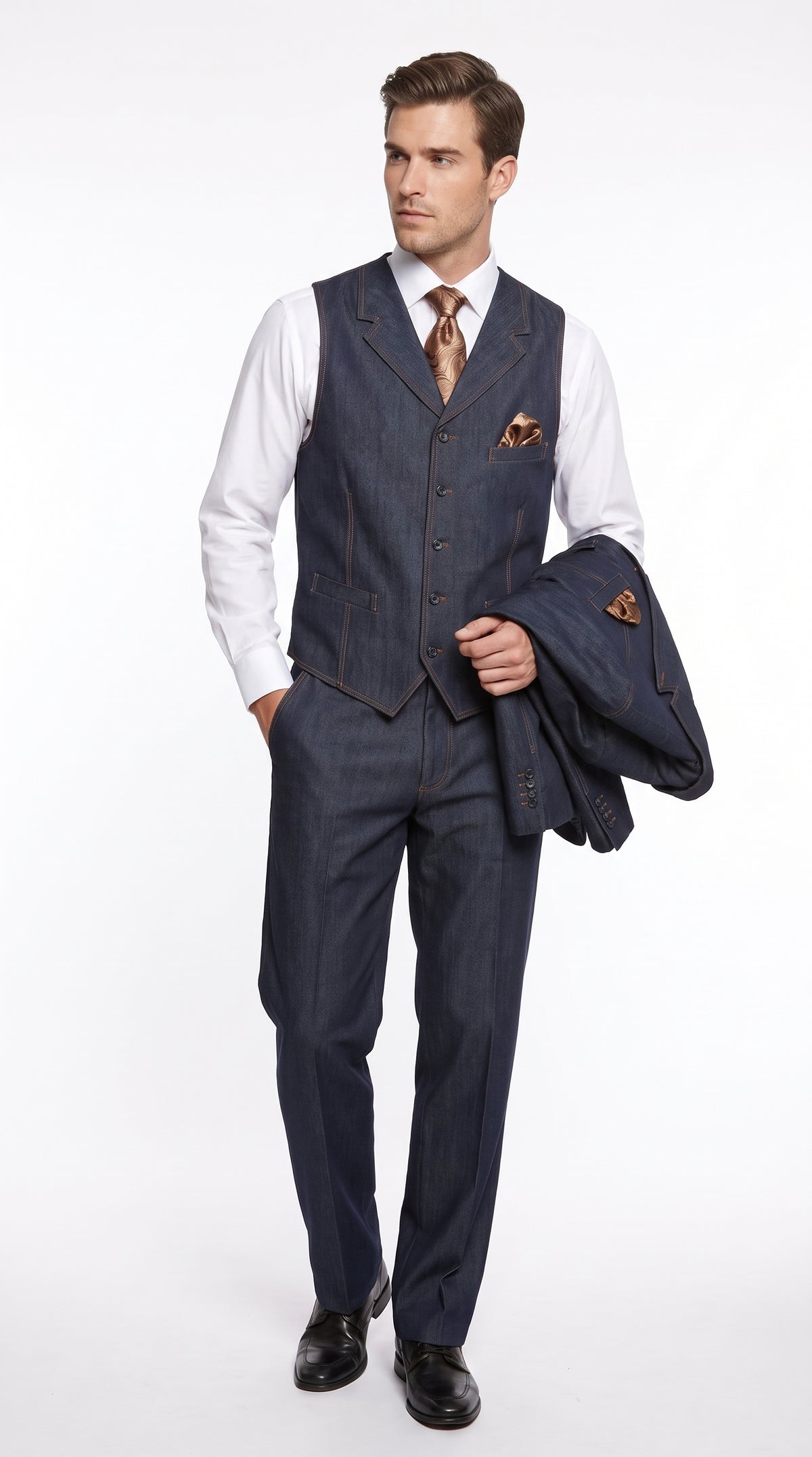 Men’s Navy Blue Denim 3 Piece Suit, Vested 4 Button Wide Peak Lapel Dress Suit