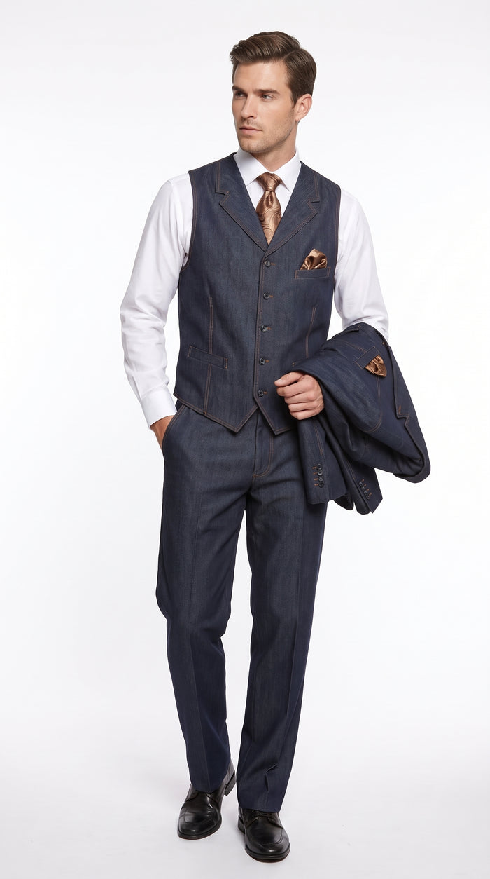 Men’s Navy Blue Denim 3 Piece Suit, Vested 4 Button Wide Peak Lapel Dress Suit