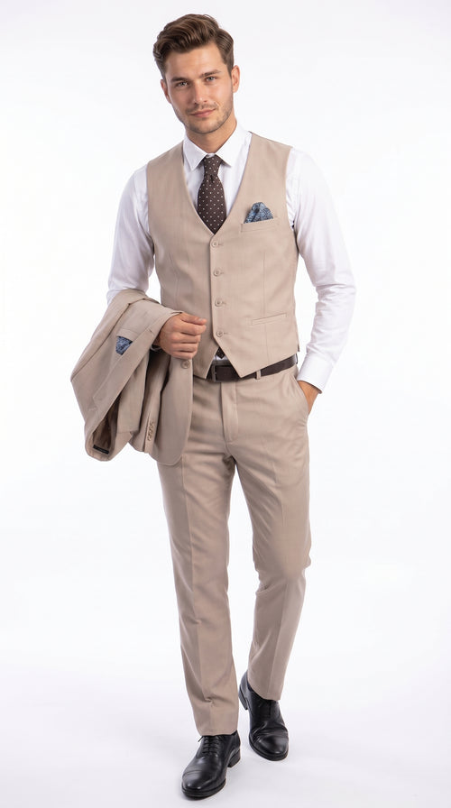 Men’s Medium Tan 3 Piece Suit, Slim Fit Two Button Vested Formal Wedding Business Suit