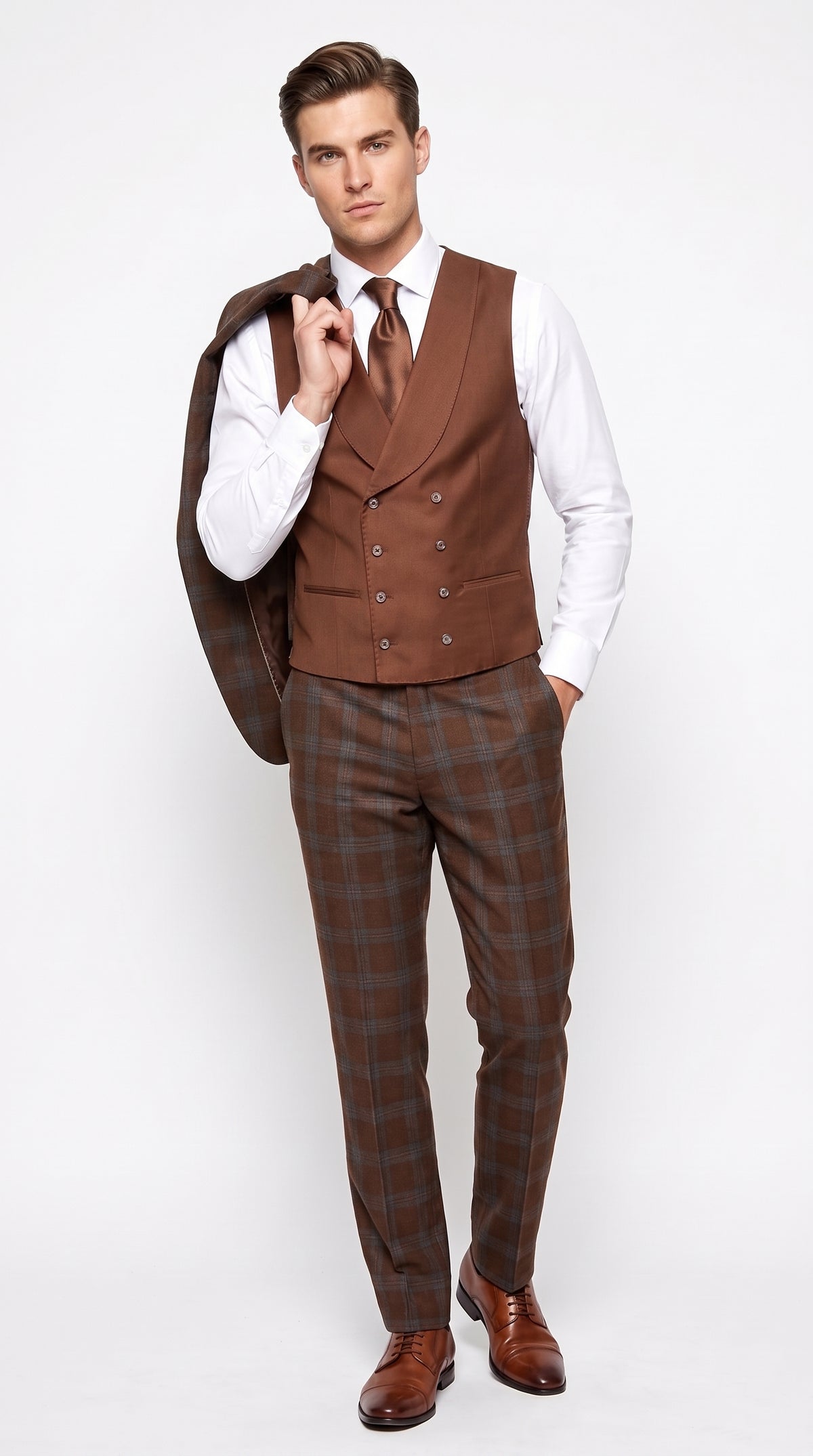 Men’s Copper Plaid Modern Fit Wool Suit, 3 Piece Formal Suit with Double Breasted Vest