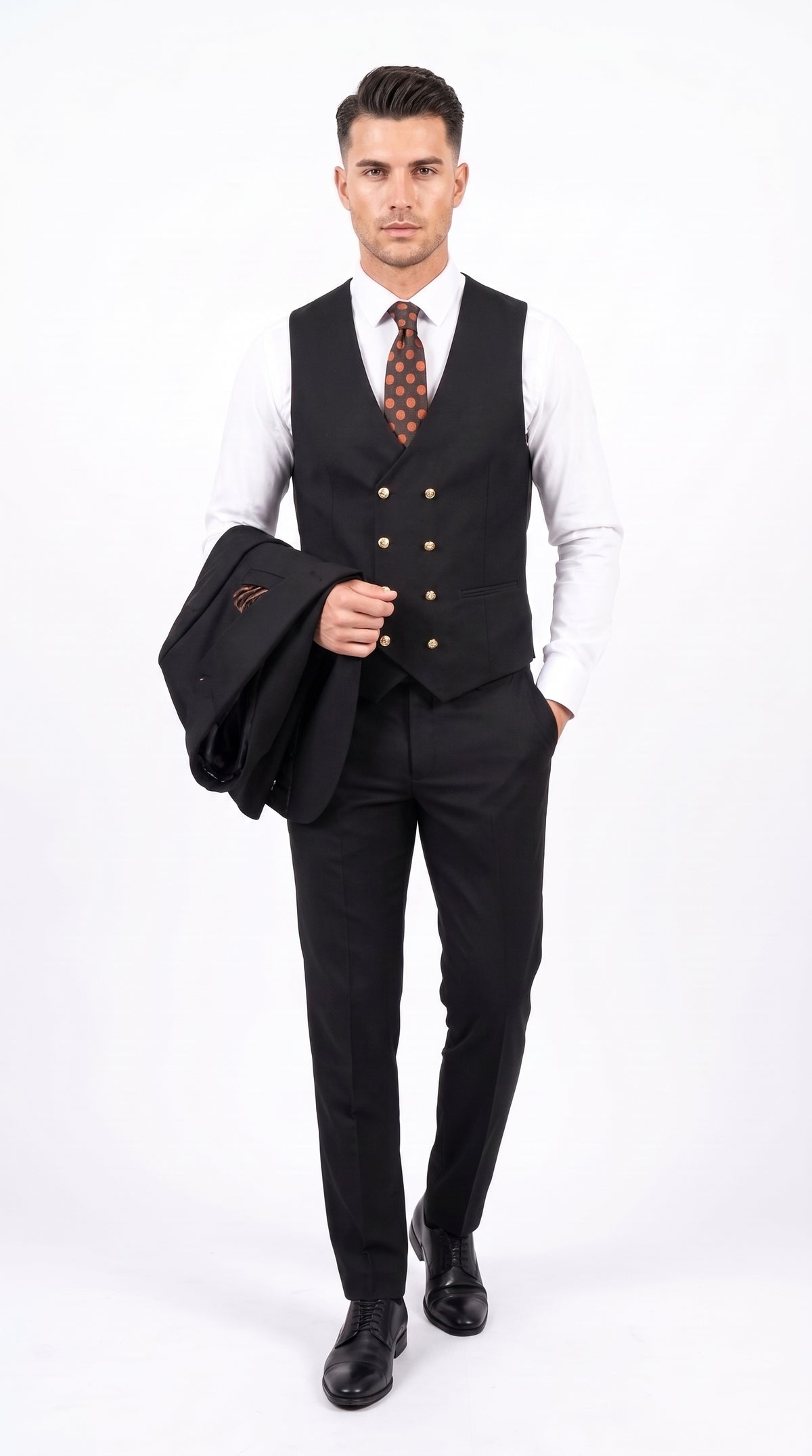 Men’s Black Double Breasted Vested Suit, 1920s 1980s Style Peak Lapel Wool Feel Designer Suit with Gold Buttons