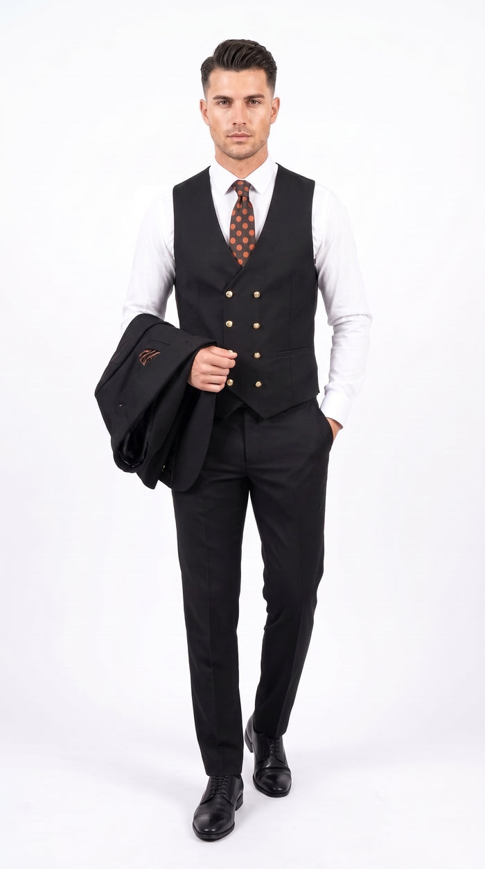 Men’s Black Double Breasted Vested Suit, 1920s 1980s Style Peak Lapel Wool Feel Designer Suit with Gold Buttons