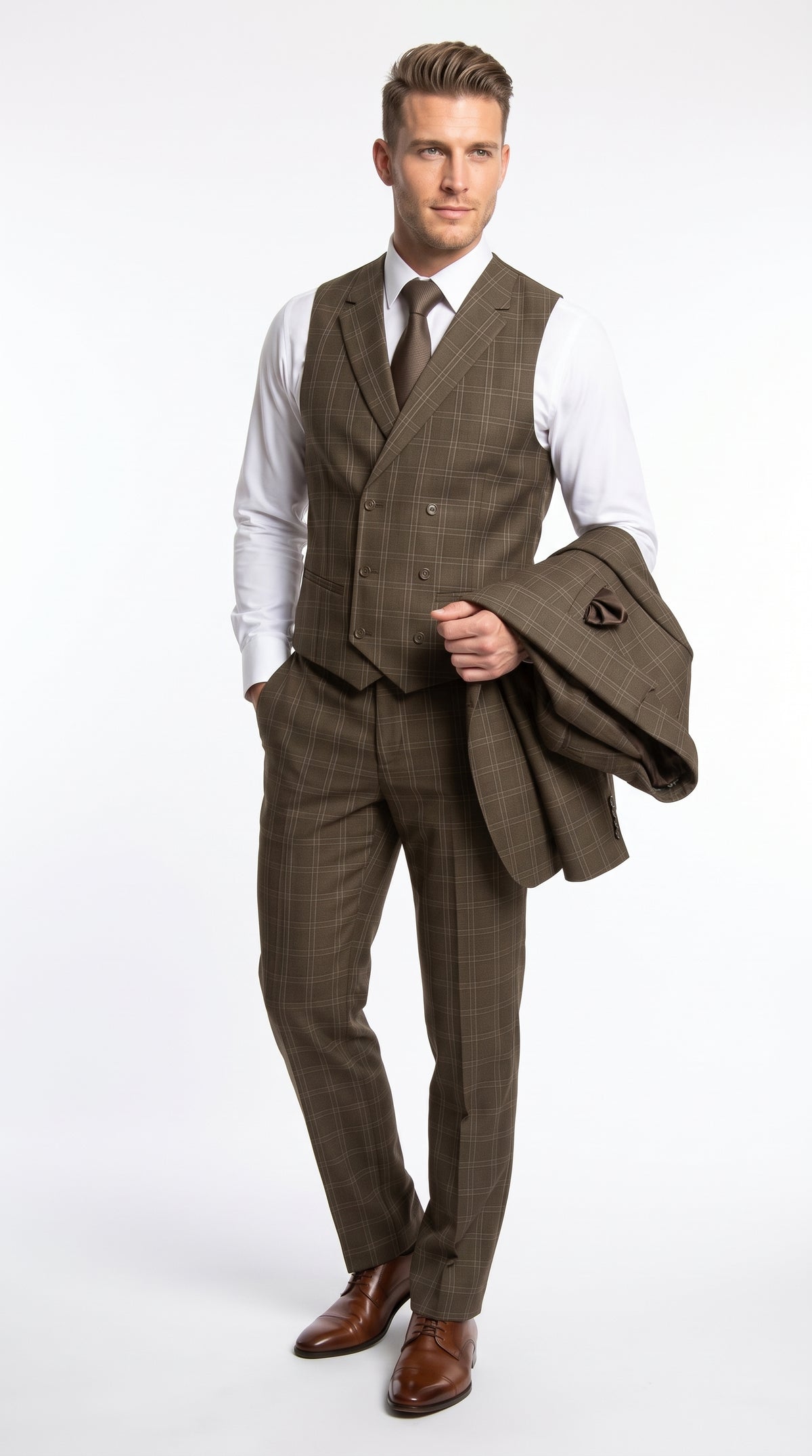 Men’s Brown Windowpane Plaid 3 Piece Suit, Double Breasted Vest Formal Wedding Business Suit