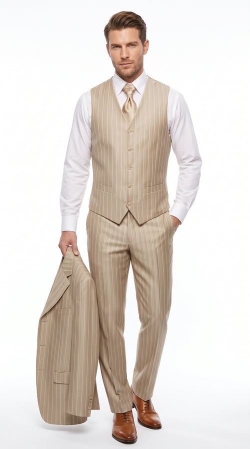 Men’s Champagne Gold Zoot Suit, 1920s Harlem Gangster Tan Stripe Fortino 2911V Vested Suit