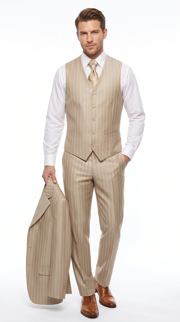 Men’s Champagne Gold Zoot Suit, 1920s Harlem Gangster Tan Stripe Fortino 2911V Vested Suit