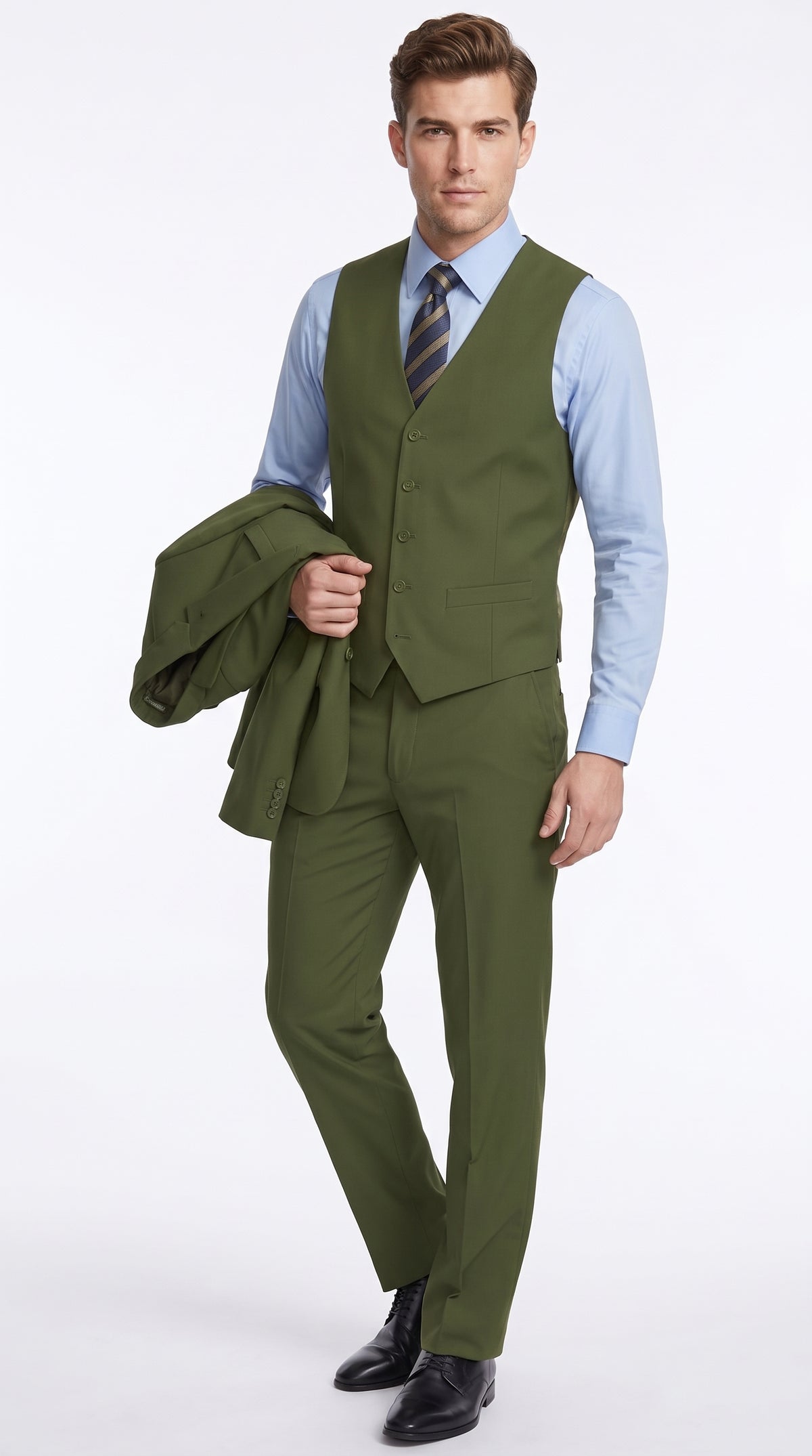 Men’s Olive Classic Fit 3 Piece Suit, Flat Front Vested Formal Wedding Business Suit