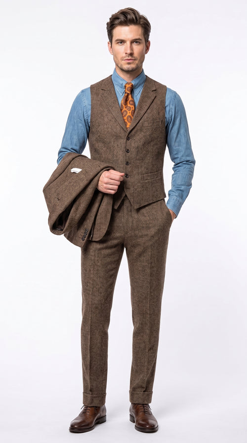 Men’s Brown Great Gatsby Costume Suit, 1920s Vintage Vested Suit Package with Shirt and Tie