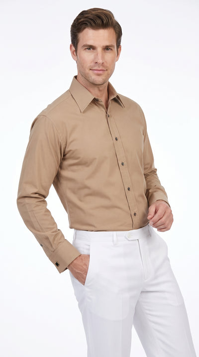 Men’s Taupe Cotton Blend Dress Shirt, Convertible Cuff Formal Button Down Shirt