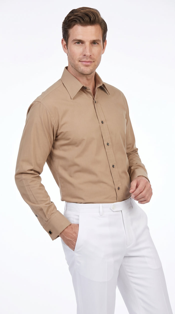 Men’s Taupe Cotton Blend Dress Shirt, Convertible Cuff Formal Button Down Shirt