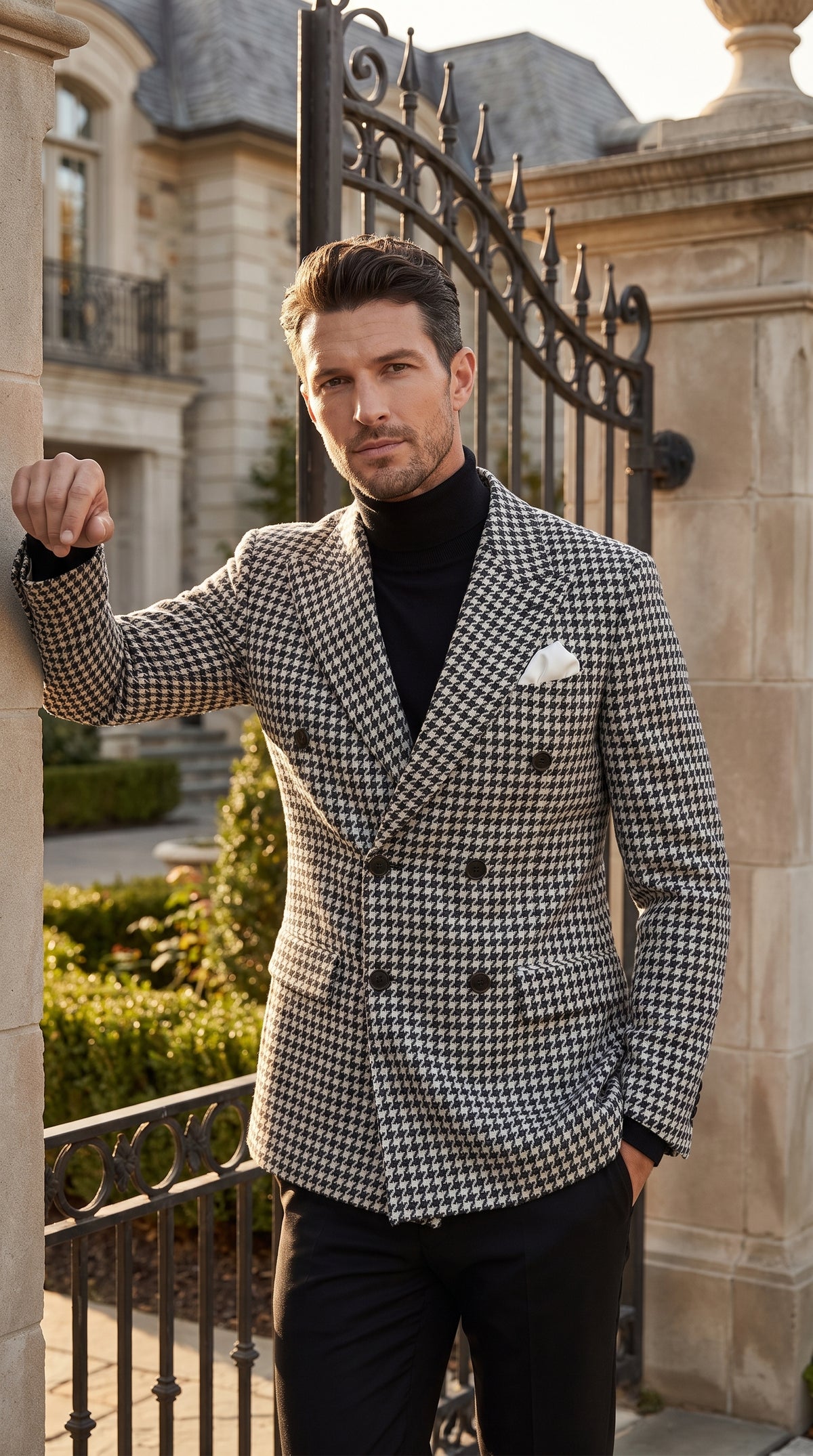 Men’s Black and White Houndstooth Blazer, 100% Wool Modern Fit Sport Coat