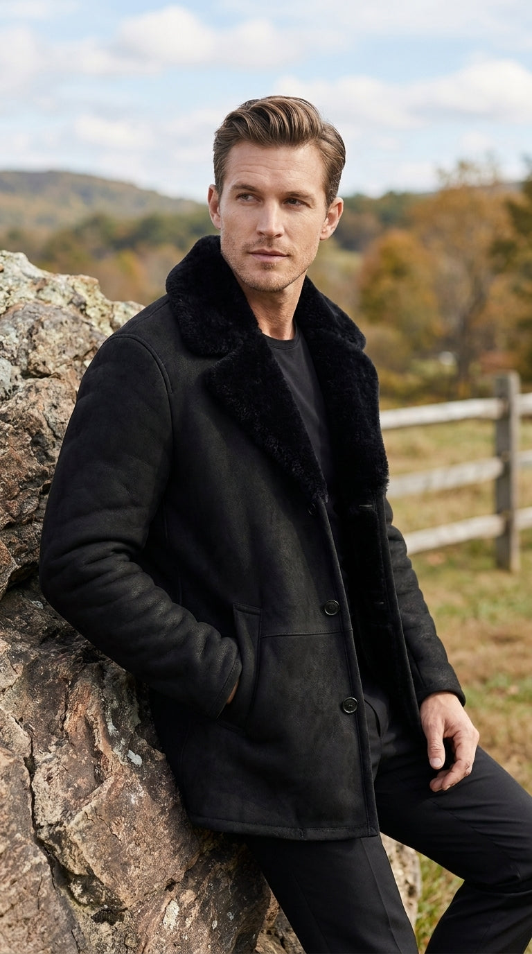 Men’s Black Shearling Jacket with Faux Fur Collar, Western Winter Coat for Casual Wear - S
