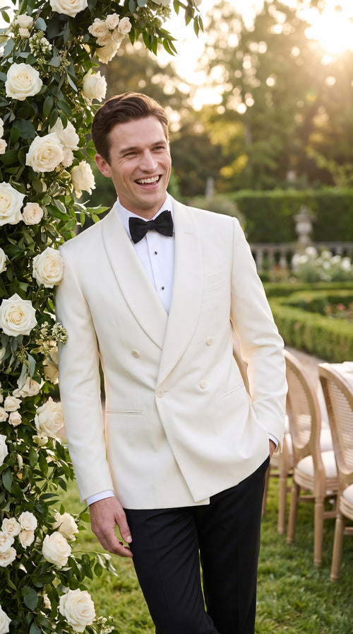 Men’s Ivory Dinner Jacket, Cream Off White Double Breasted Shawl Collar Wedding Tuxedo Blazer