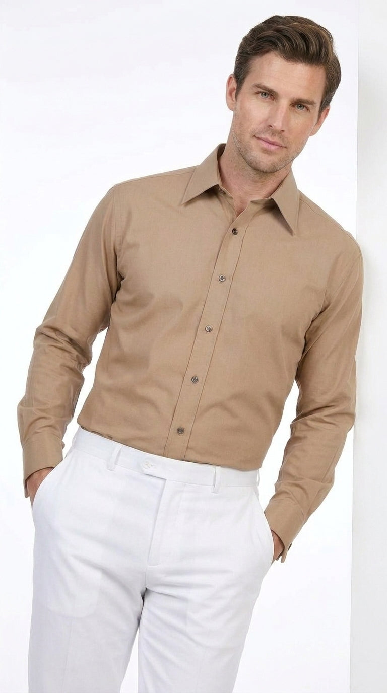 Men’s Taupe Cotton Blend Dress Shirt, Convertible Cuff Formal Button Down Shirt