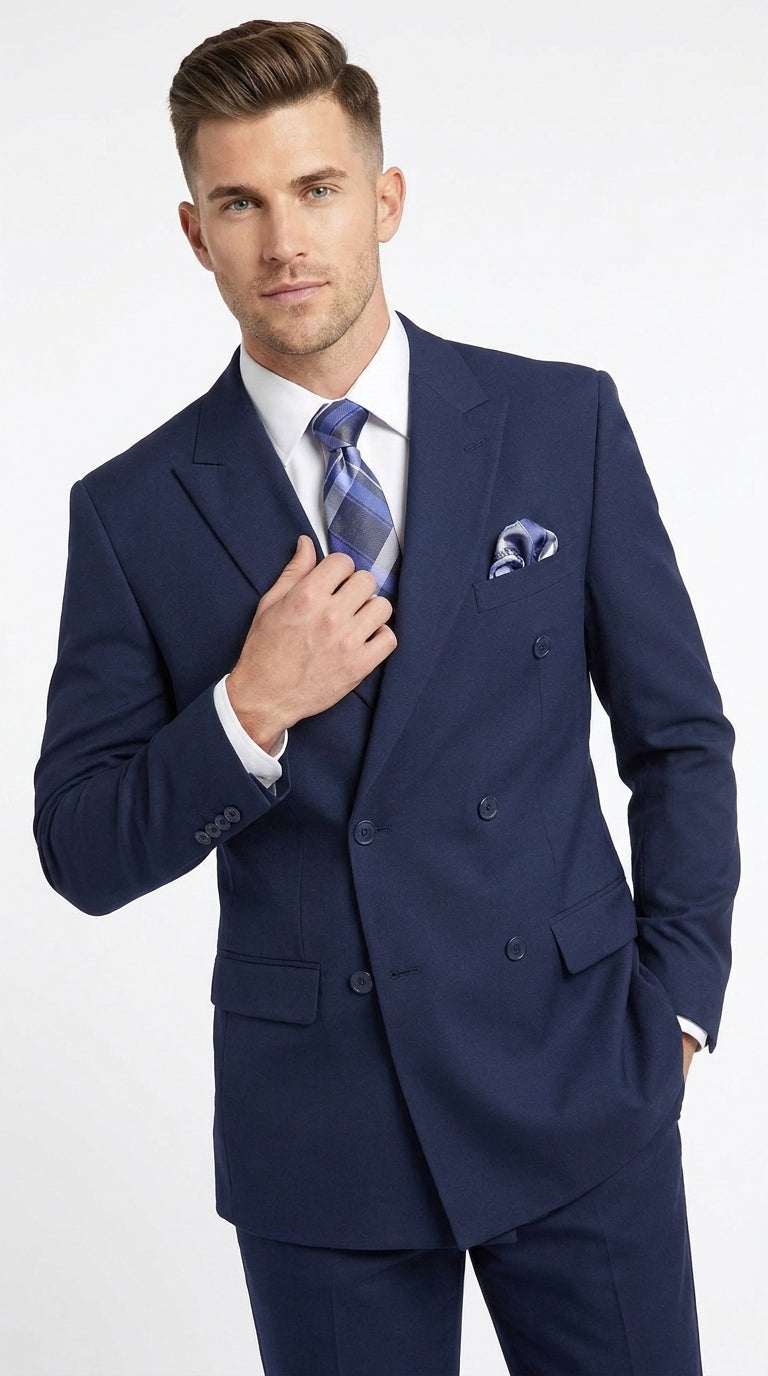 Men’s Classic Navy Double Breasted Suit, Affordable Formal Wedding Business Dress Suit
