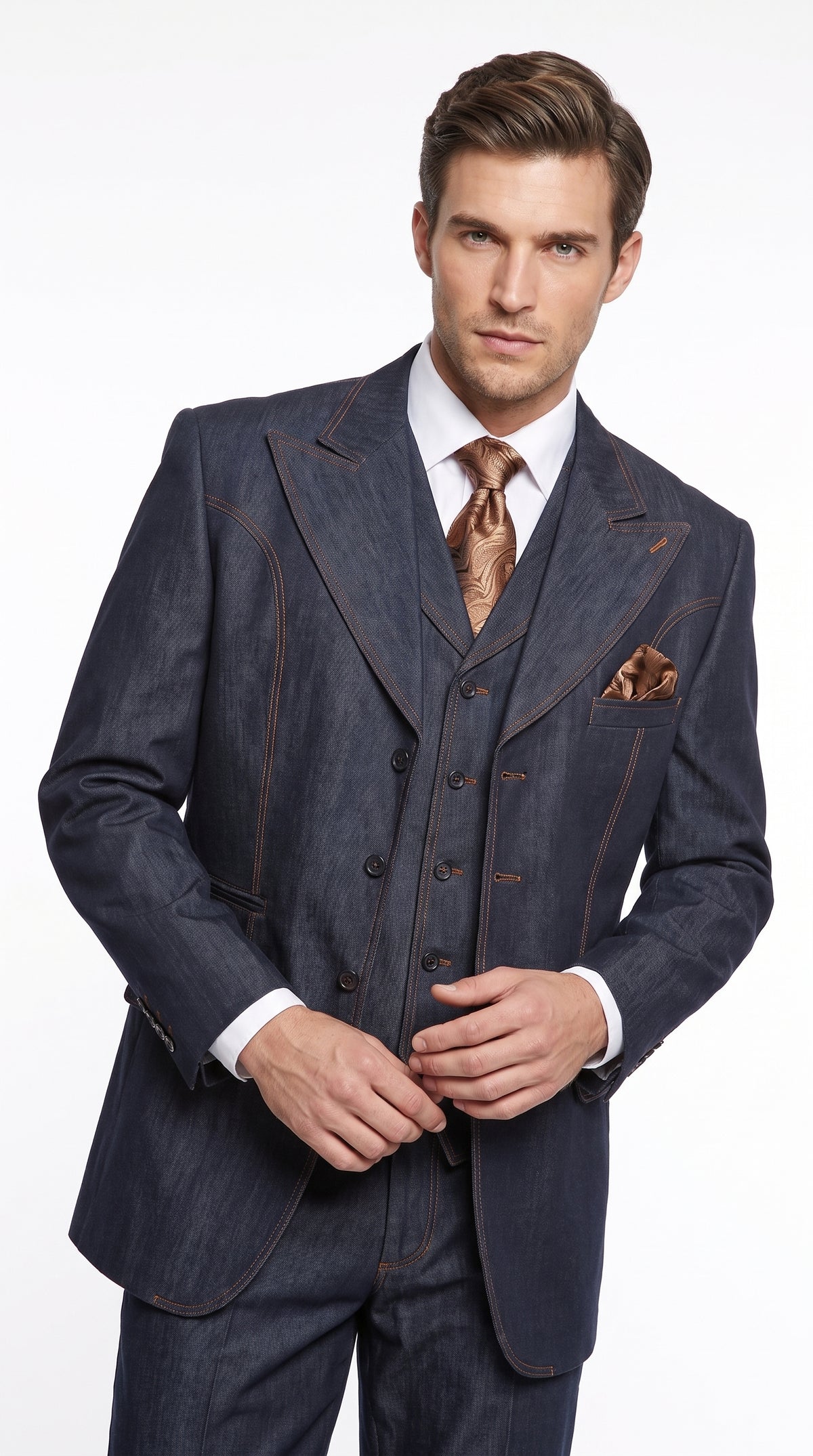 Men’s Navy Blue Denim 3 Piece Suit, Vested 4 Button Wide Peak Lapel Dress Suit