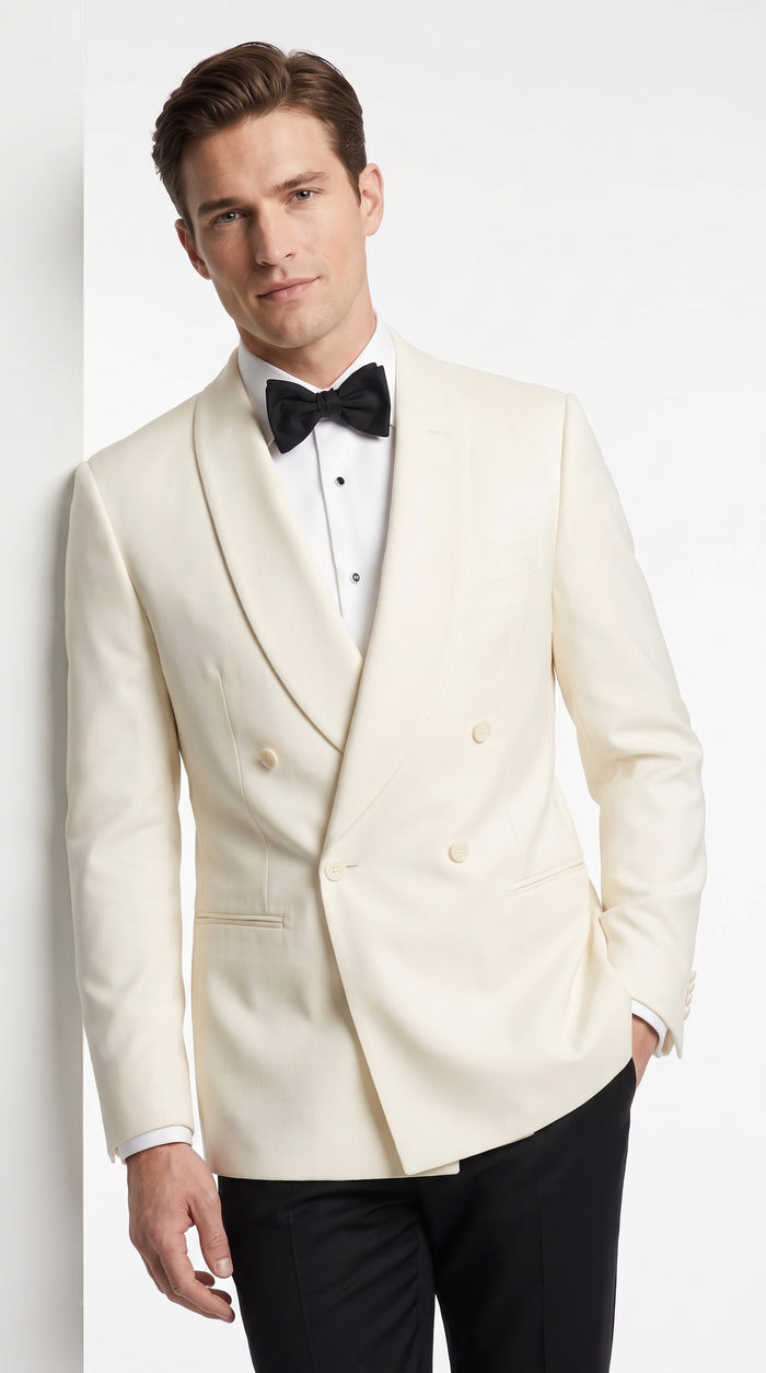 Men’s Ivory Dinner Jacket, Cream Off White Double Breasted Shawl Collar Wedding Tuxedo Blazer