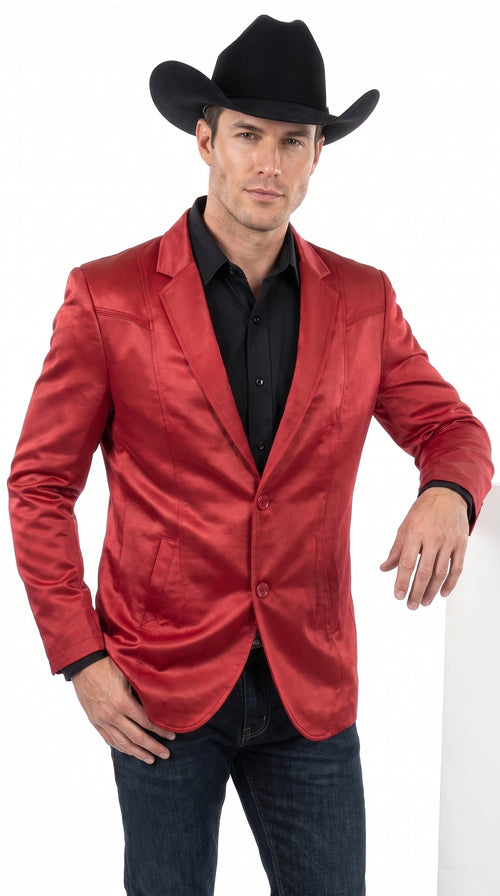 Men’s Western Red Blazer, Slim Fit Shiny Finish Sport Coat for Weddings Prom and Special Events