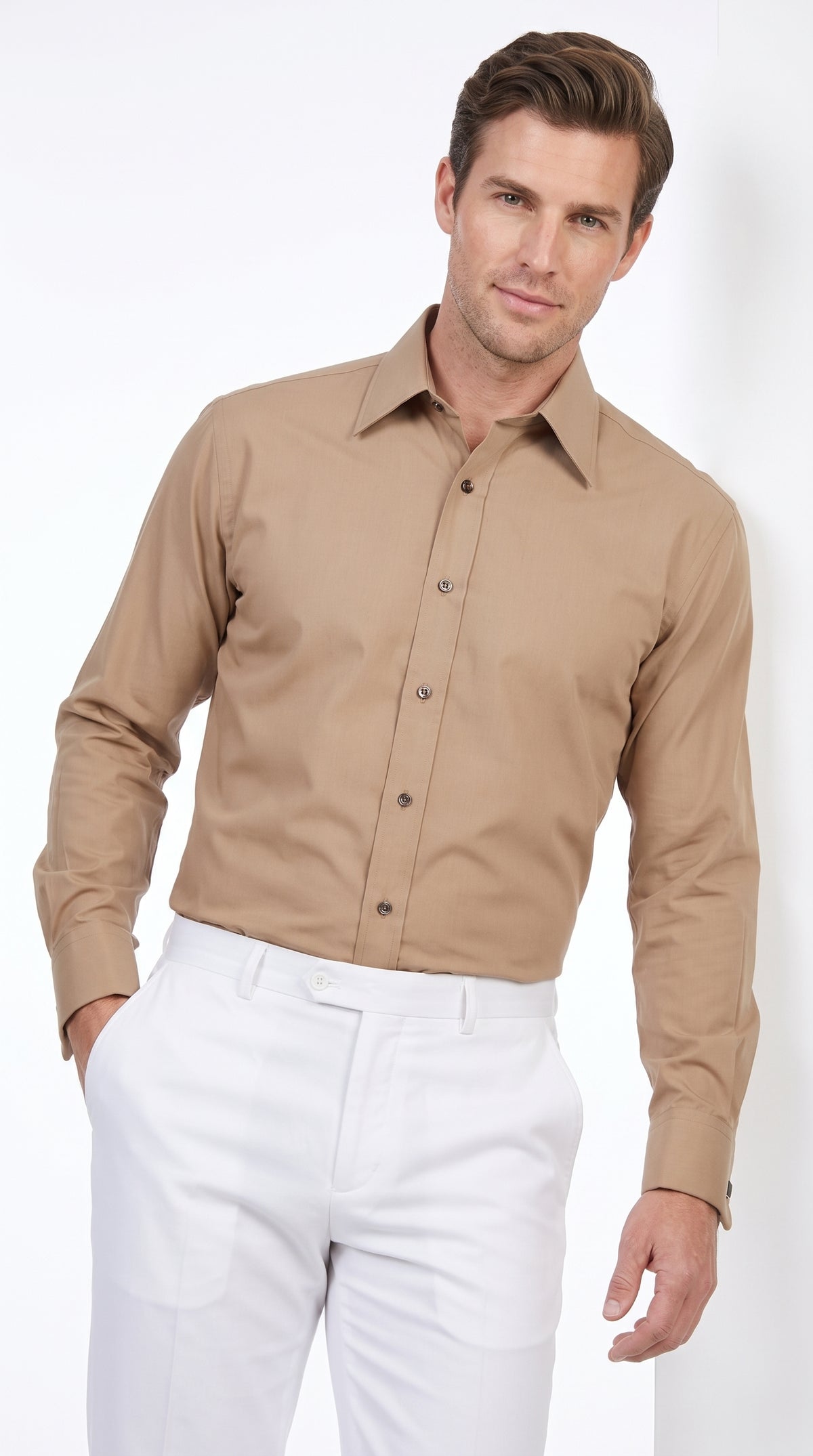 Men’s Taupe Cotton Blend Dress Shirt, Convertible Cuff Formal Button Down Shirt