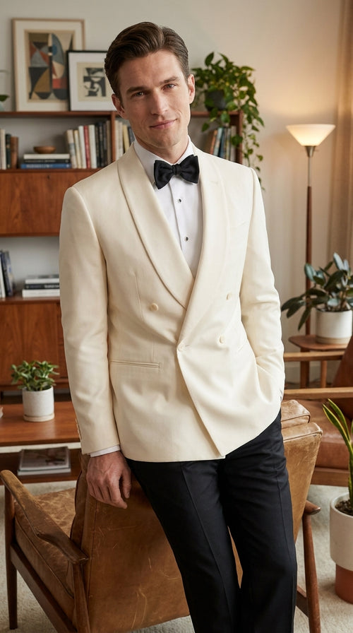 Men’s Ivory Dinner Jacket, Cream Off White Double Breasted Shawl Collar Wedding Tuxedo Blazer