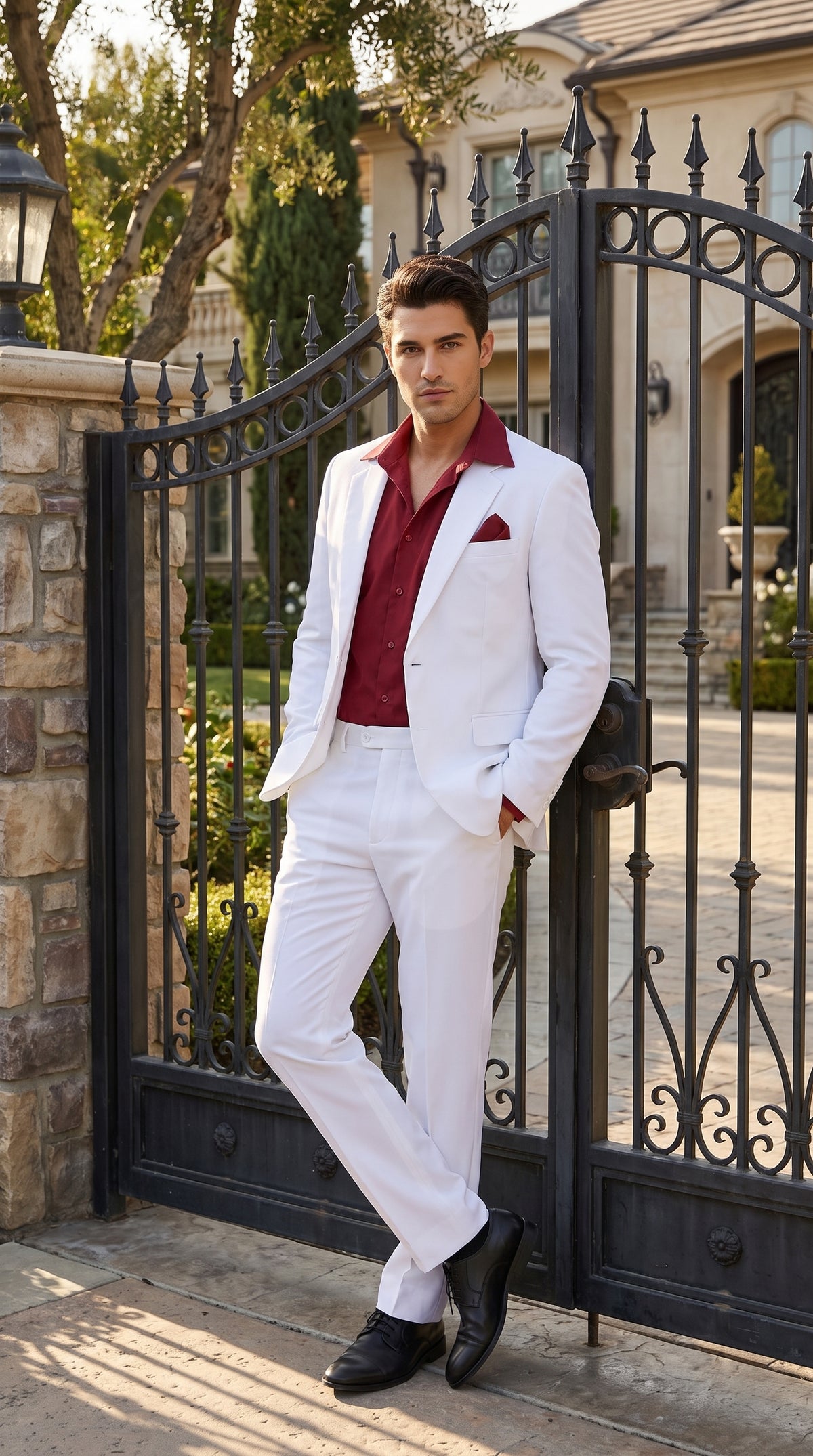 Men’s Tony Montana Scarface White Suit, Movie Inspired Costume Suit with Red Shirt