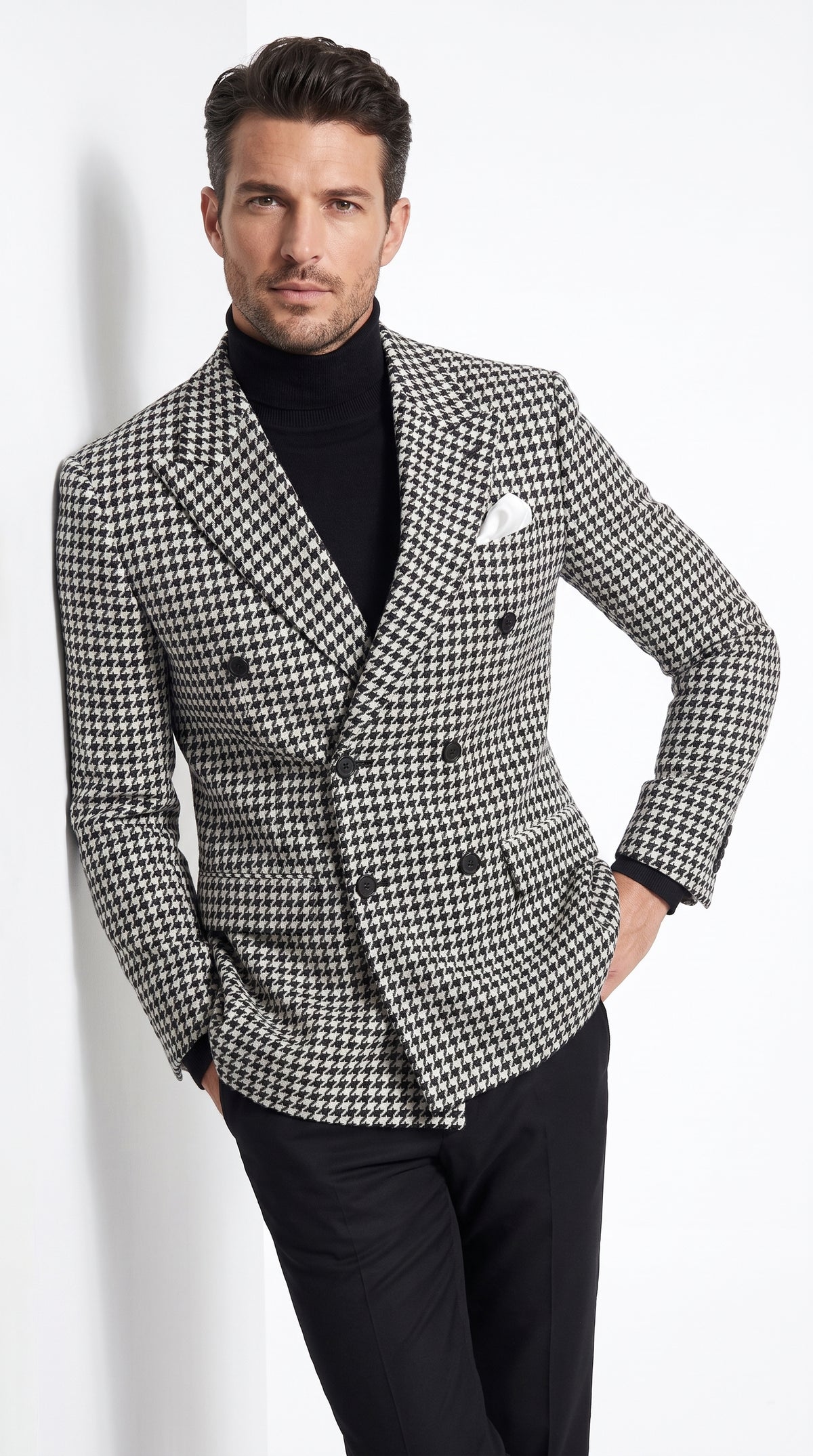 Men’s Black and White Houndstooth Blazer, 100% Wool Modern Fit Sport Coat