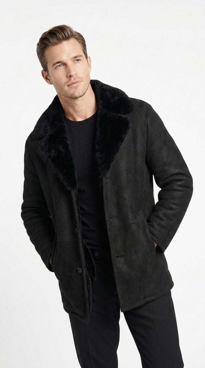 Men’s Black Shearling Jacket with Faux Fur Collar, Western Winter Coat for Casual Wear