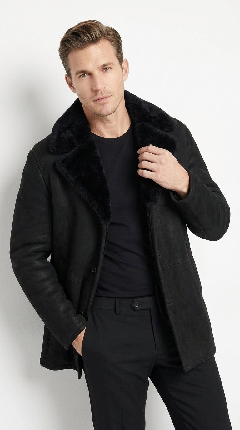 Men’s Black Shearling Jacket with Faux Fur Collar, Western Winter Coat for Casual Wear - S
