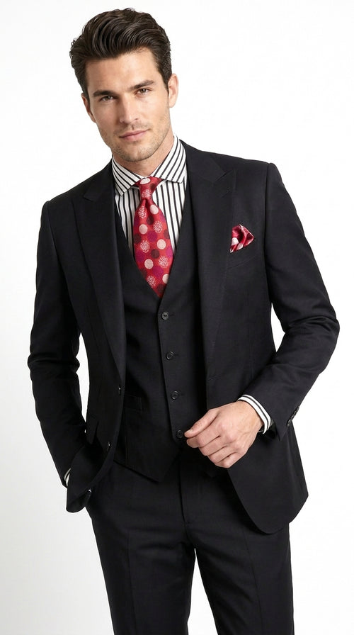 Apollo King Men’s Black 3 Piece Fashion Suit, Wide Peak Lapel Formal Wedding Business Suit