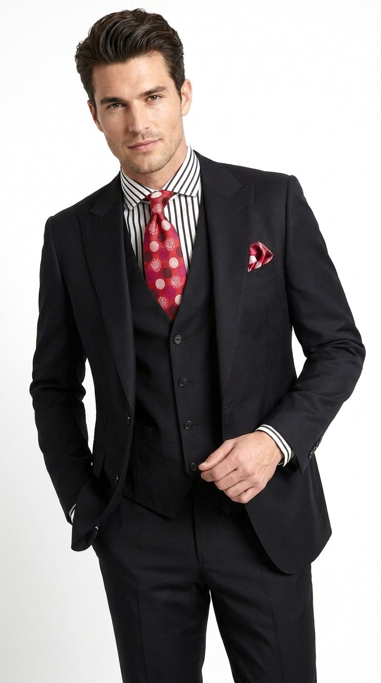 Apollo King Men’s Black 3 Piece Fashion Suit, Wide Peak Lapel Formal Wedding Business Suit