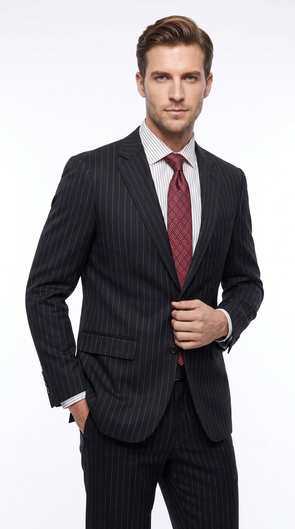 Men’s Black Pinstripe Suit, Patrick Bateman Inspired American Psycho Homecoming Formal Suit