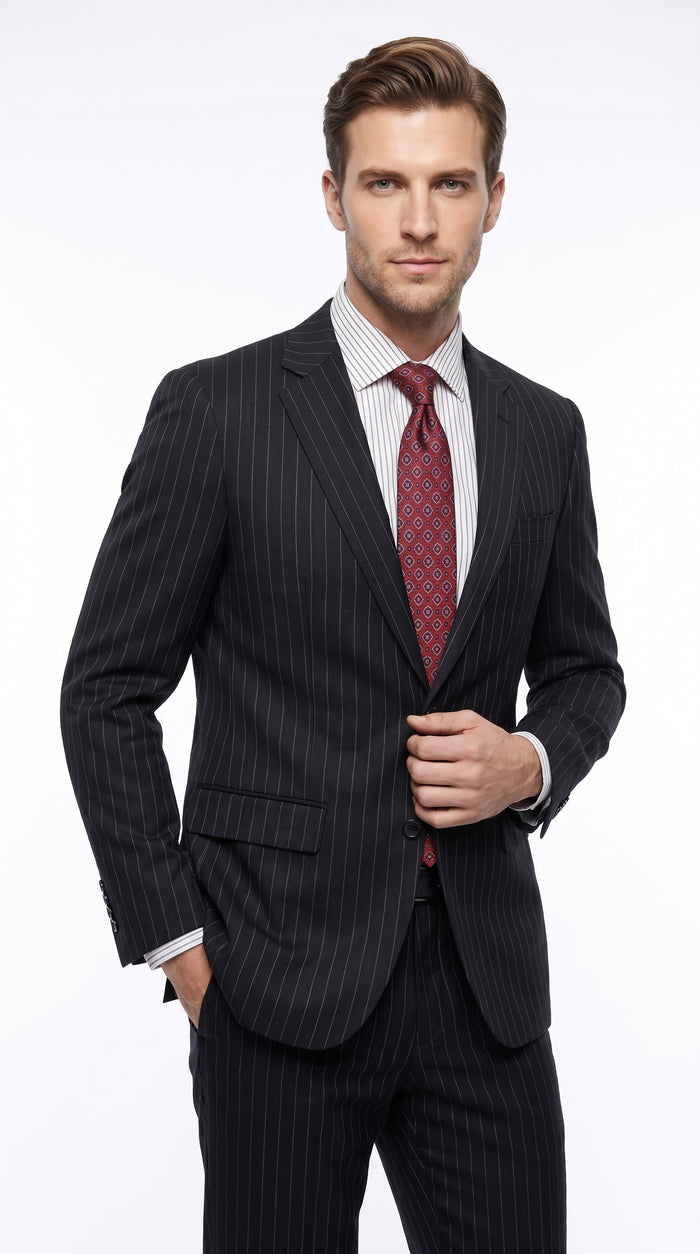 Men’s Black Pinstripe Suit, Patrick Bateman Inspired American Psycho Homecoming Formal Suit
