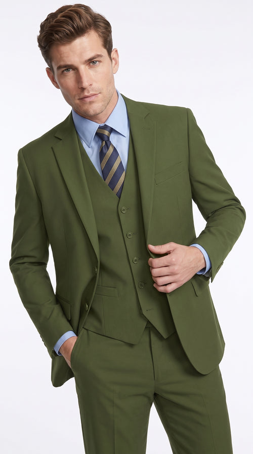 Men’s Olive Classic Fit 3 Piece Suit, Flat Front Vested Formal Wedding Business Suit