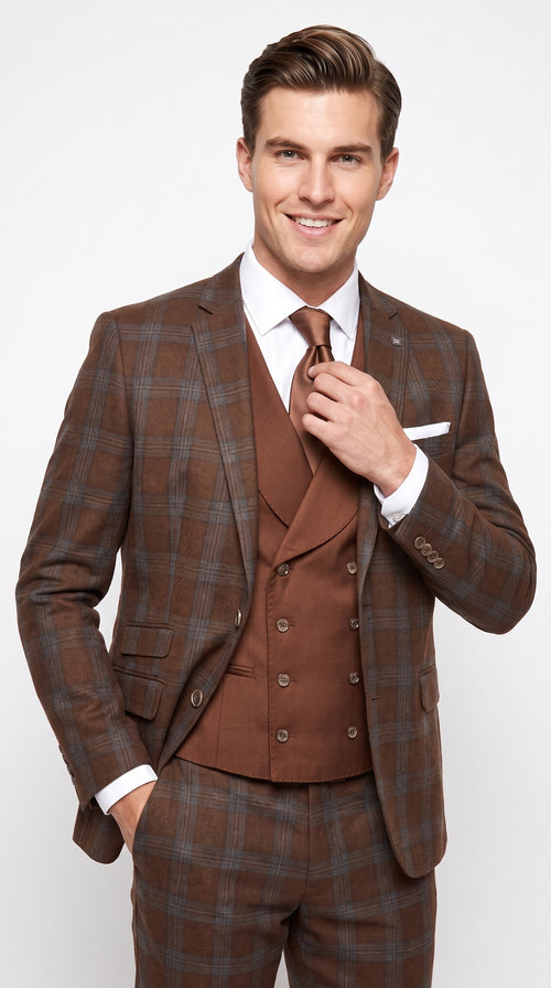 Men’s Copper Plaid Modern Fit Wool Suit, 3 Piece Formal Suit with Double Breasted Vest