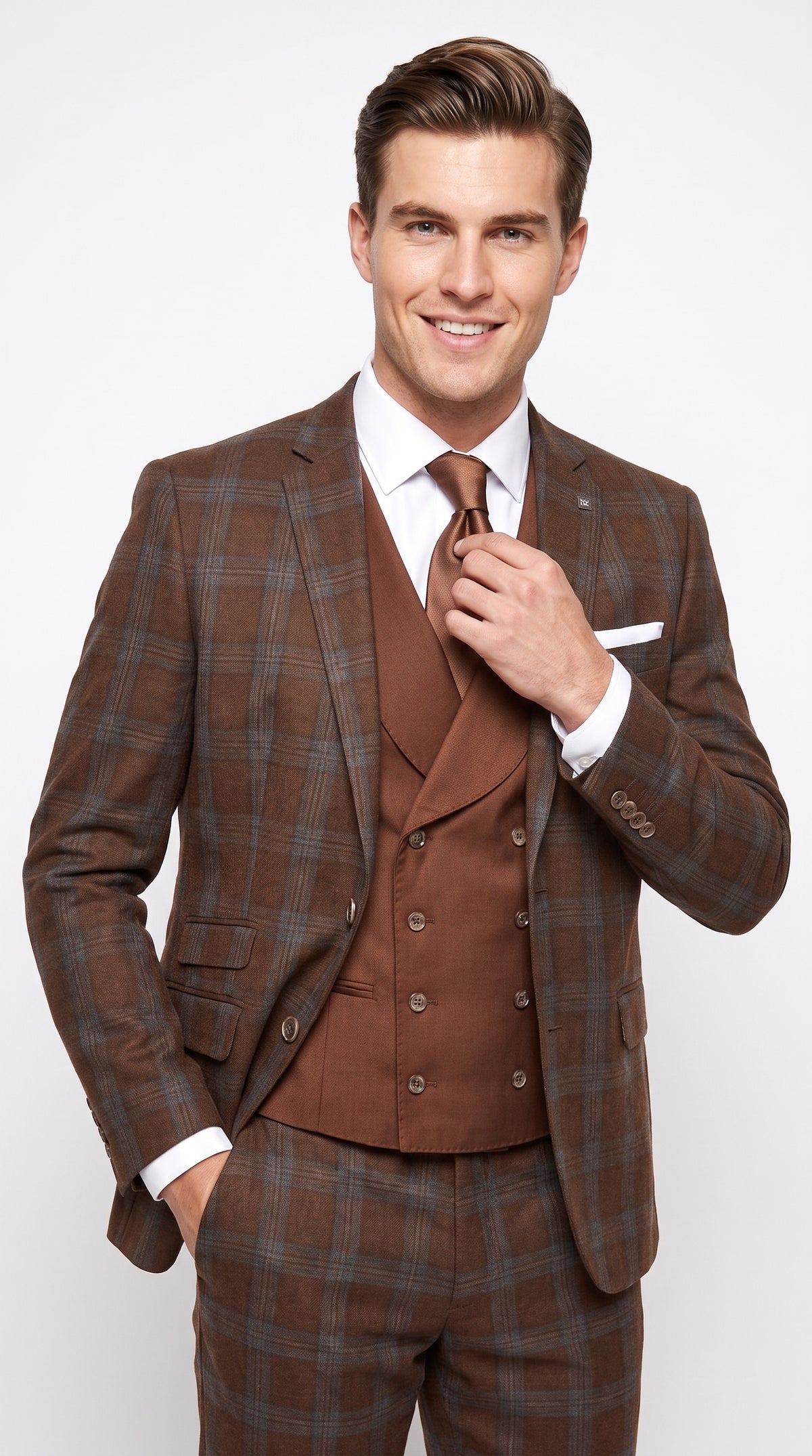 Men’s Copper Plaid Modern Fit Wool Suit, 3 Piece Formal Suit with Double Breasted Vest