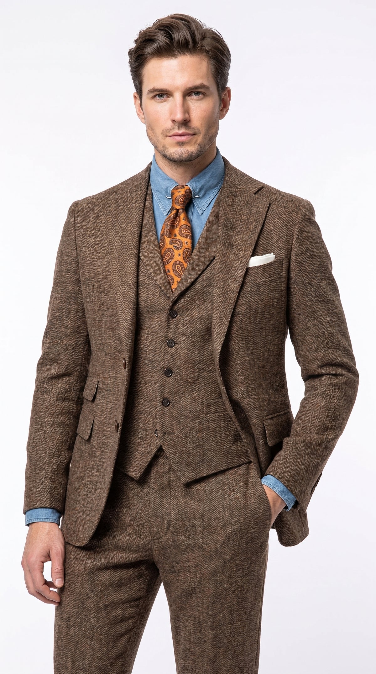 Men’s Brown Great Gatsby Costume Suit, 1920s Vintage Vested Suit Package with Shirt and Tie