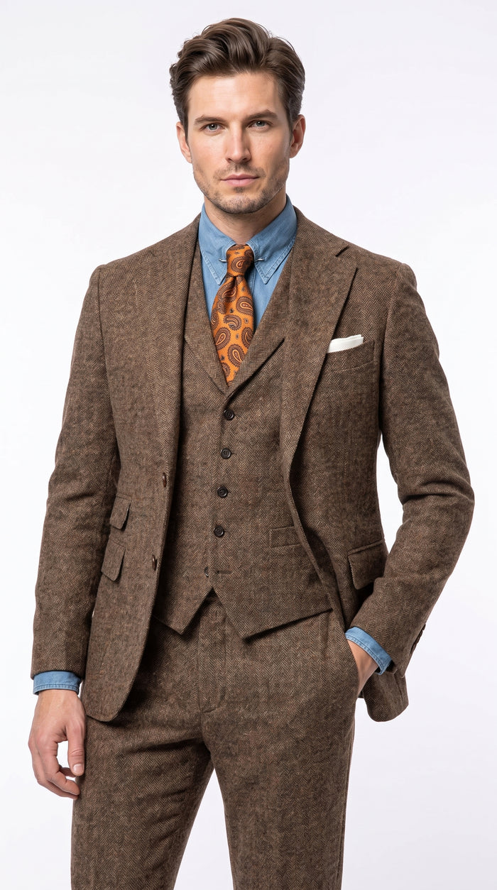 Men’s Brown Great Gatsby Costume Suit, 1920s Vintage Vested Suit Package with Shirt and Tie