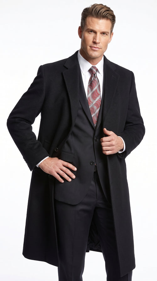 Men’s Black Wool and Cashmere Full Length Overcoat, Luxury Formal Dress Coat
