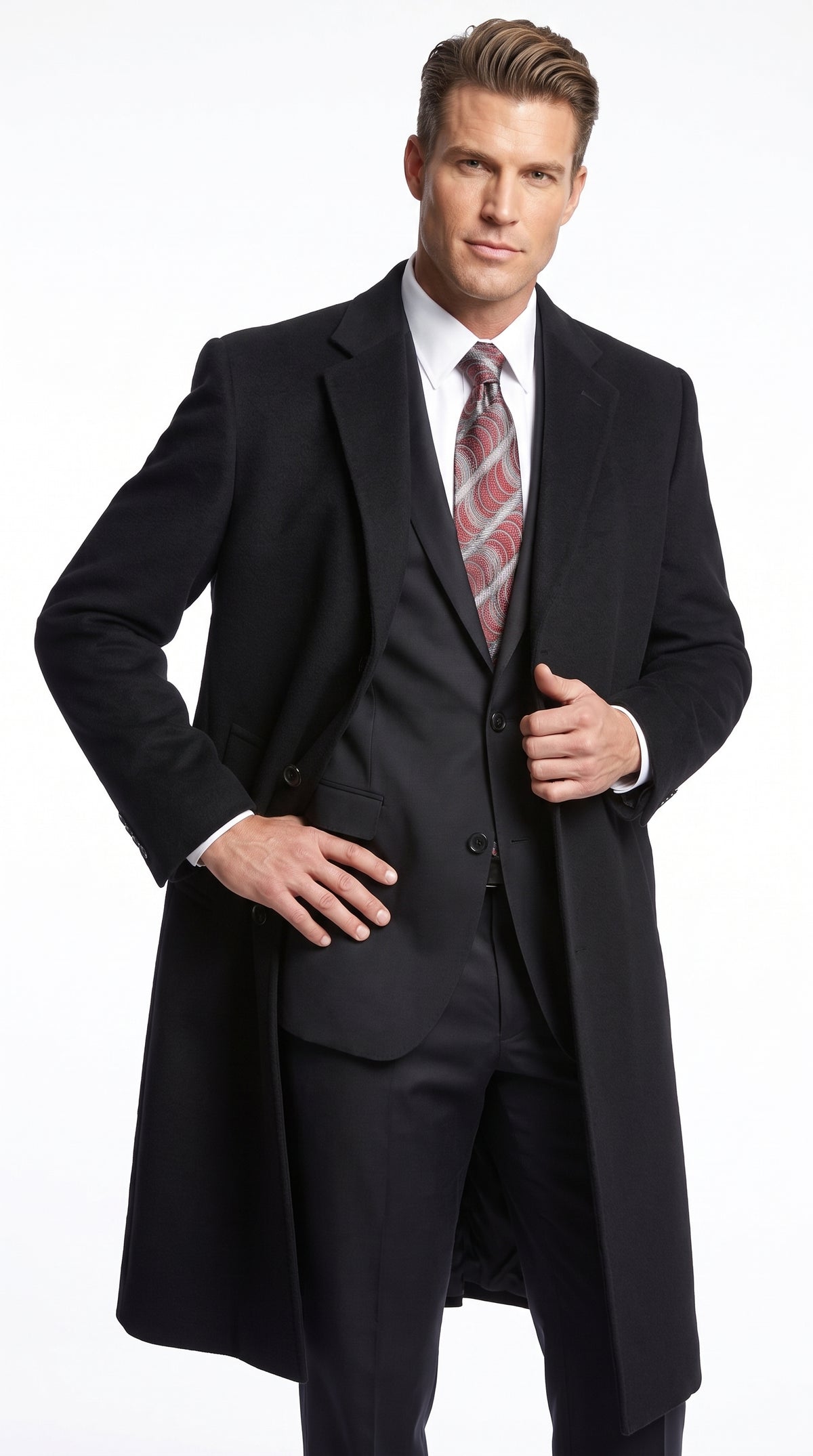 Men’s Black Wool and Cashmere Full Length Overcoat, Luxury Formal Dress Coat