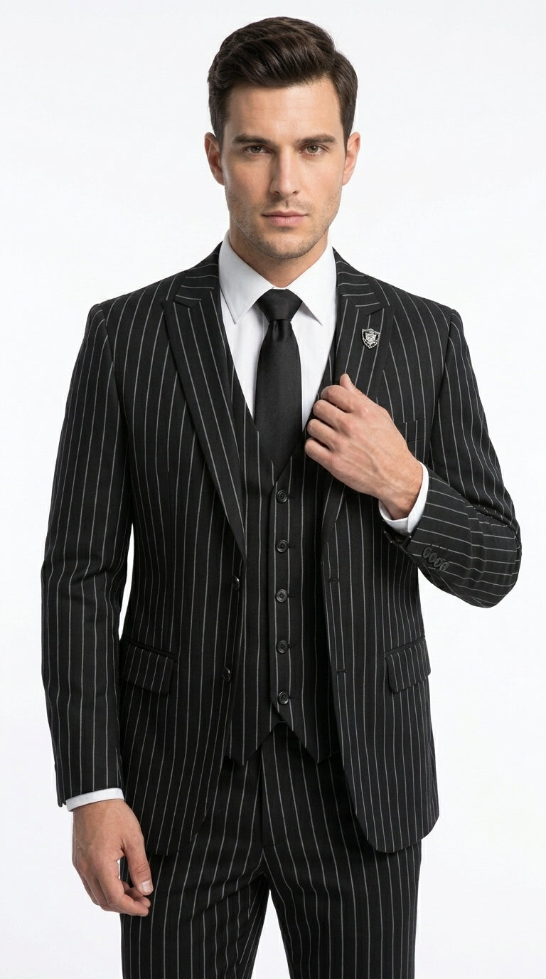 Men’s Black 2 Button Gangster Pinstripe Suit, Striped Pattern Homecoming 3 Piece Dress Suit