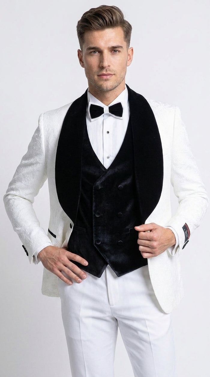 Gianni Men’s White 3 Piece Tuxedo with Black Velvet Lapel, Tailored Fit Formal Wedding Prom Suit
