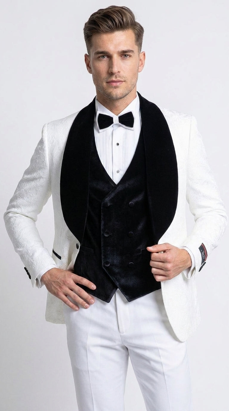 Gianni Men’s White 3 Piece Tuxedo with Black Velvet Lapel, Tailored Fit Formal Wedding Prom Suit