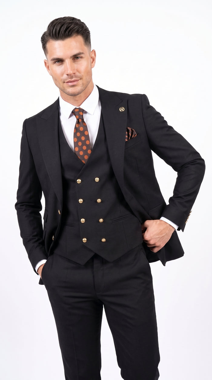 Men’s Black Double Breasted Vested Suit, 1920s 1980s Style Peak Lapel Wool Feel Designer Suit with Gold Buttons