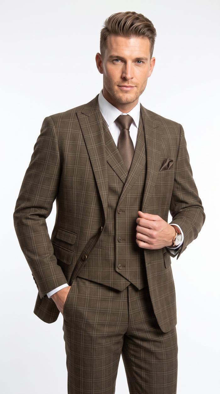 Men’s Brown Windowpane Plaid 3 Piece Suit, Double Breasted Vest Formal Wedding Business Suit