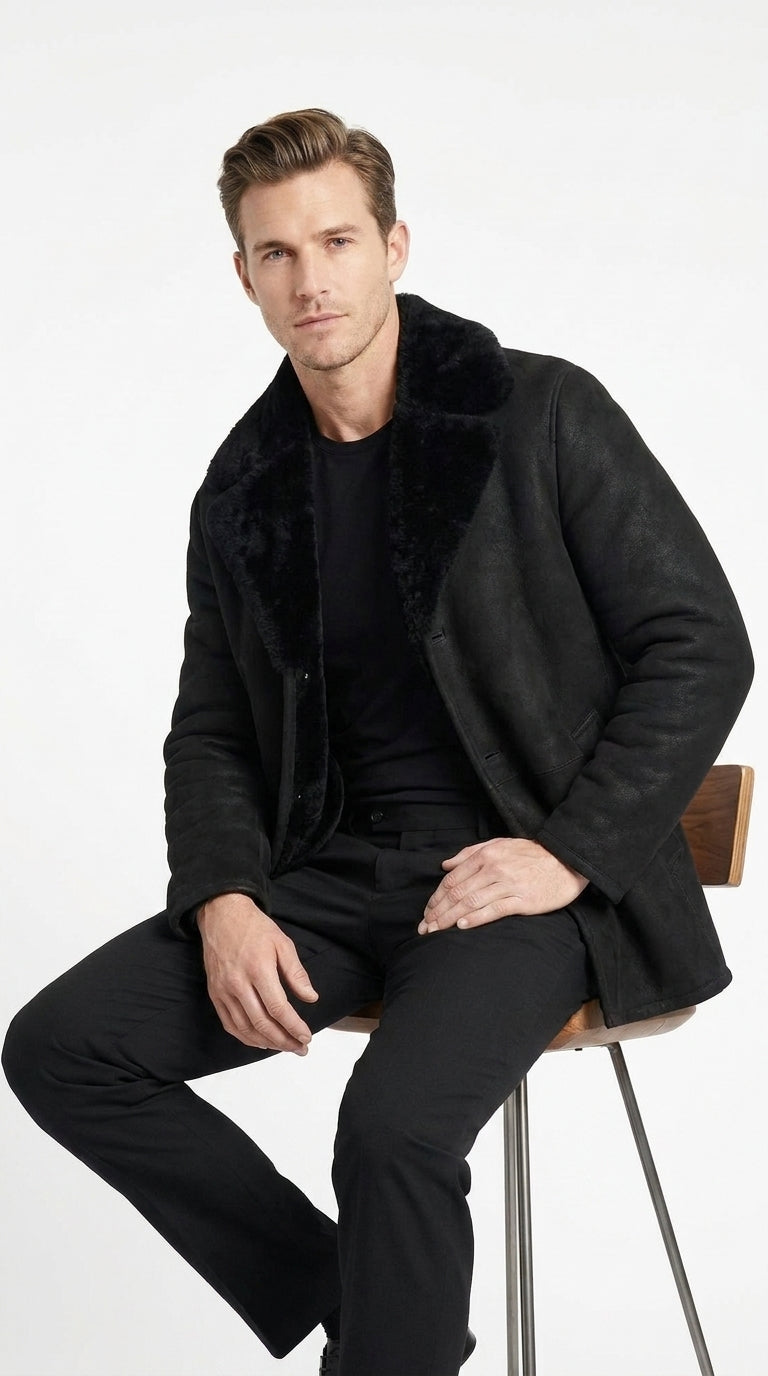 Men’s Black Shearling Jacket with Faux Fur Collar, Western Winter Coat for Casual Wear - S