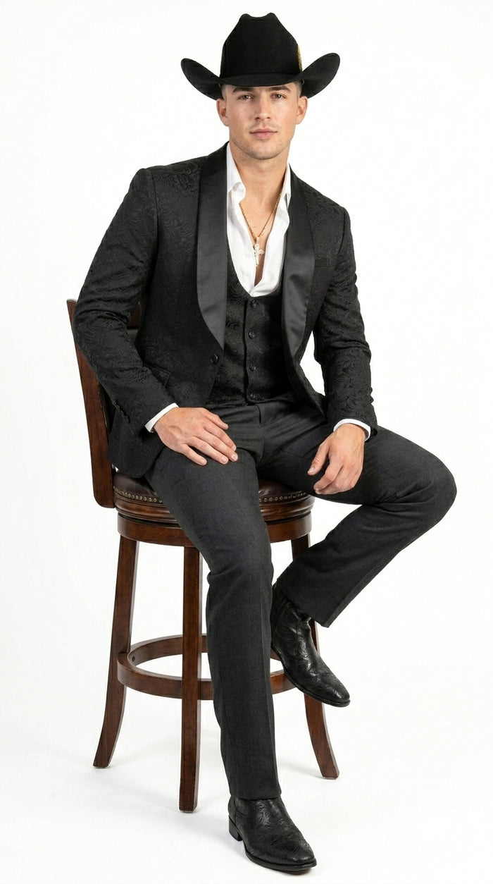 Men’s Black Paisley Jacquard Western Formal Blazer with Satin Shawl Lapel, Designer Jacket