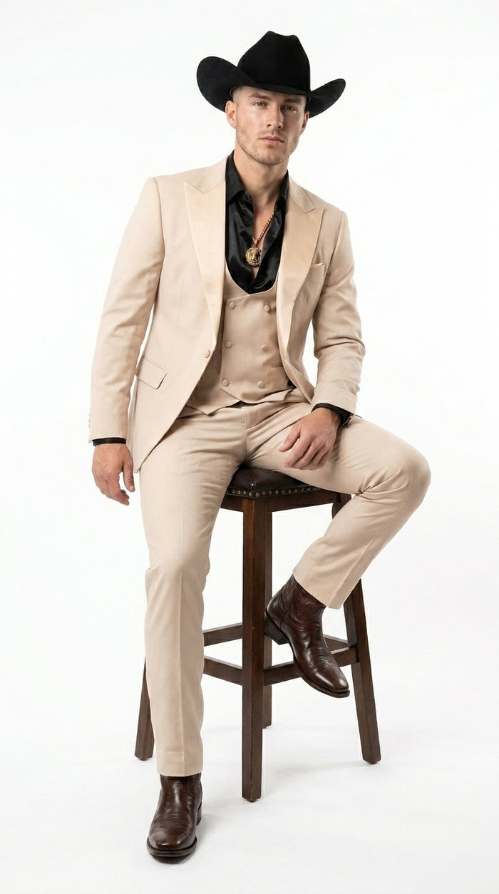 Mens Light Beige Western 3-Piece Suit – Cowboy Tuxedo with Shawl Lapel