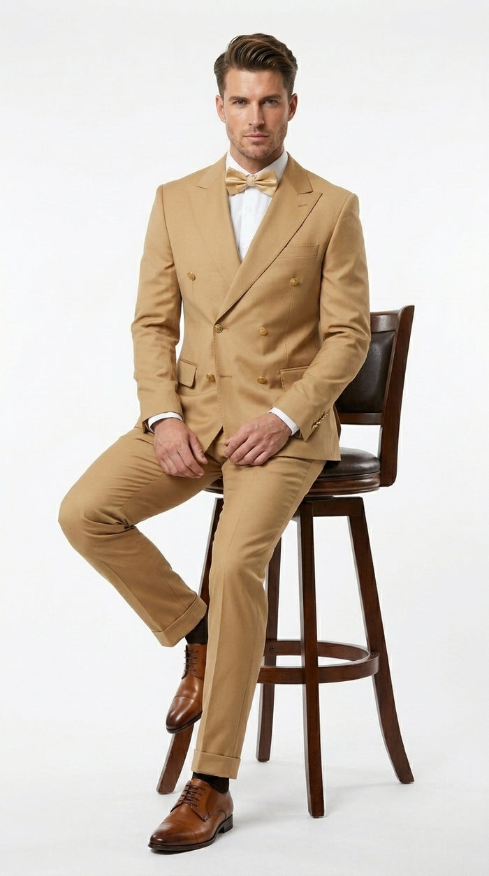 Rossiman Men’s Mustard Yellow Double Breasted Suit, Designer Fashion Dress Suit for Weddings, Prom, Parties, and Special Occasions