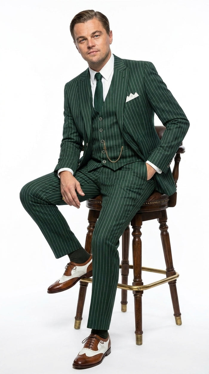 Men’s Hunter Green Pinstripe 1920s Gangster 3 Piece Suit, Great Gatsby Formal Outfit for Weddings, Prom, Parties, and Theme Events