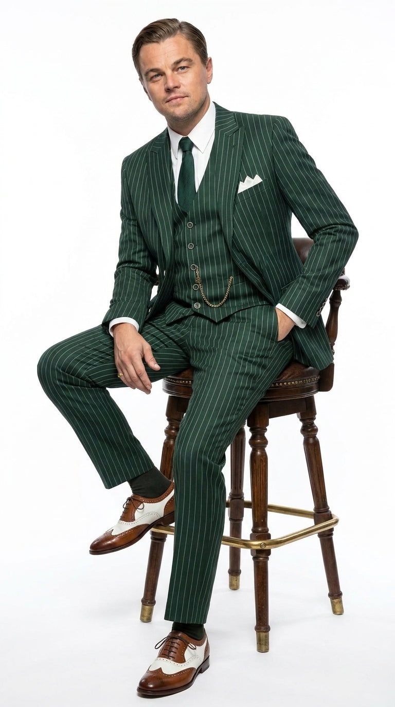 Men’s Hunter Green Pinstripe 1920s Gangster 3 Piece Suit, Great Gatsby Formal Outfit for Weddings, Prom, Parties, and Theme Events