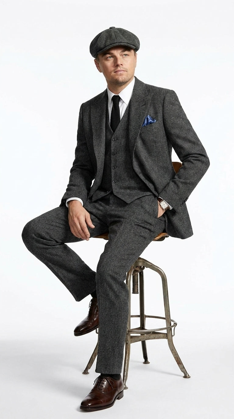 Men’s Charcoal 1920s Gangster 3 Piece Suit, Great Gatsby Formal Outfit for Weddings, Prom, Parties, and Theme Events